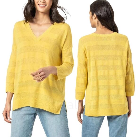 Anthropologie Cotton Linen Striped V Neck Lightweight Sweater Tunic Top Yellow L - Picture 1 of 8